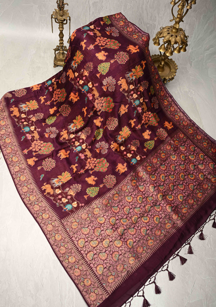 Plum Viscose Saree with Meenakari Shikaargah Brocade and Zari Border