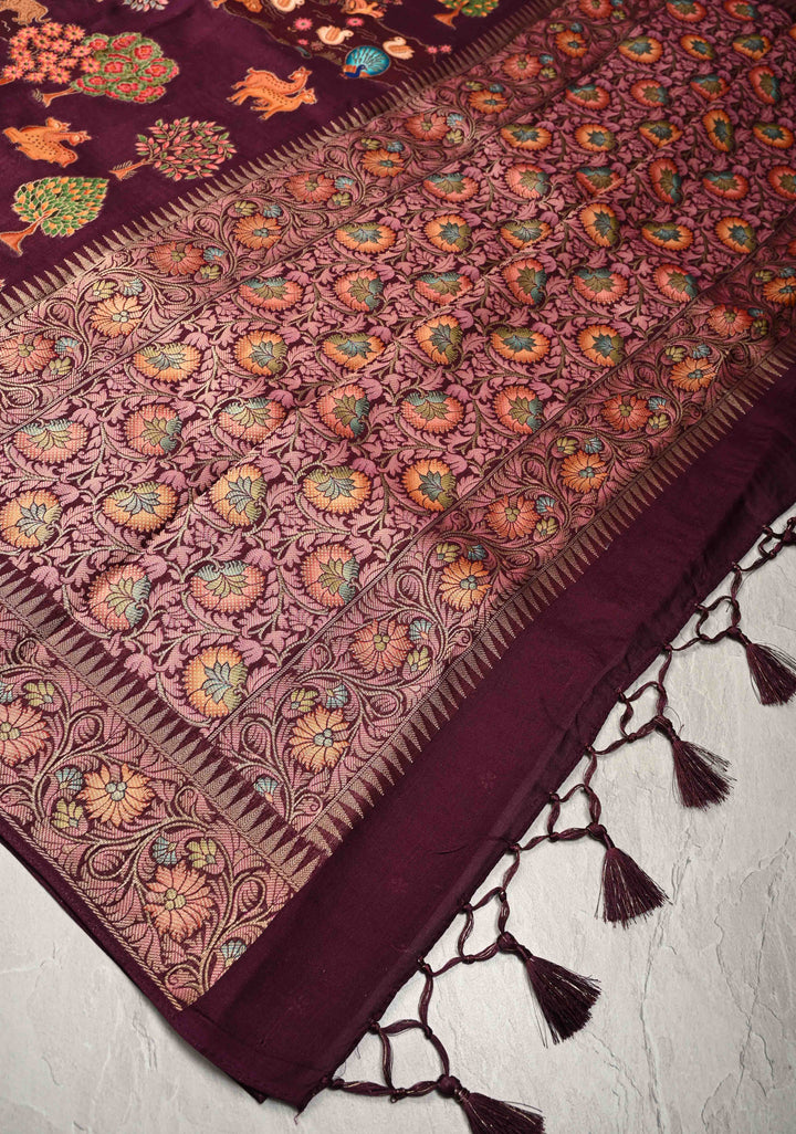 Plum Viscose Saree with Meenakari Shikaargah Brocade and Zari Border