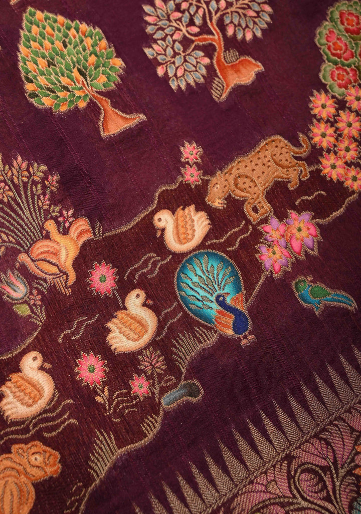 Plum Viscose Saree with Meenakari Shikaargah Brocade and Zari Border