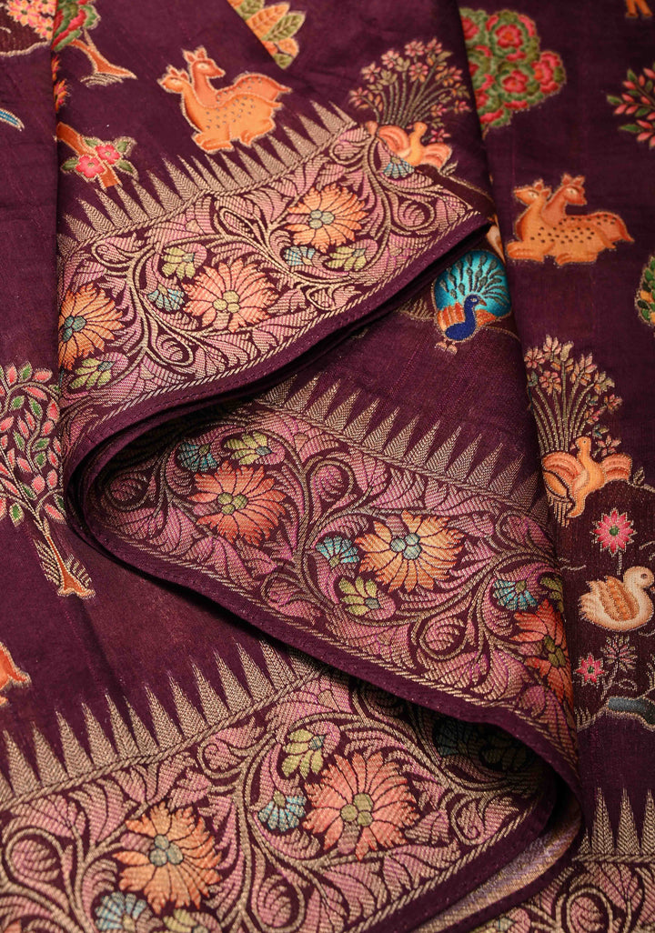 Plum Viscose Saree with Meenakari Shikaargah Brocade and Zari Border
