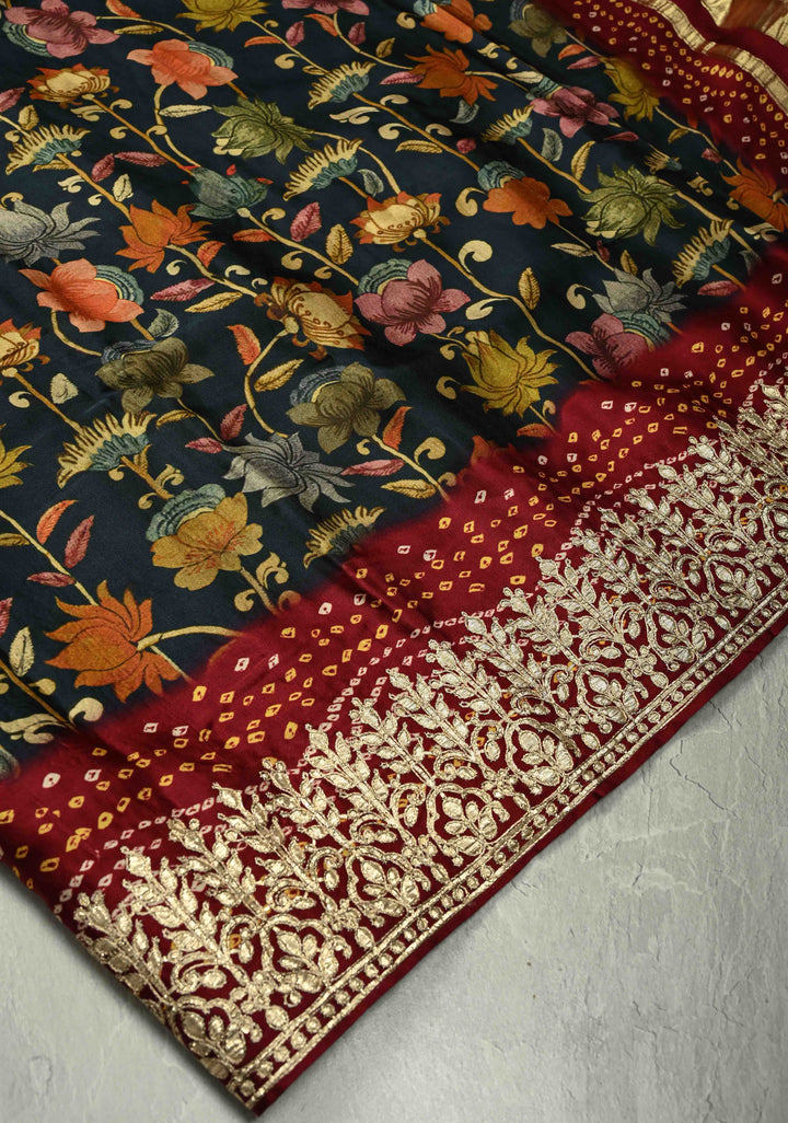 Deep prussian Blue color  Kalmakari Floral Digital Print Gajji Silk Saree with Bandhni Gharchola Pallu and Gotta Patti Border