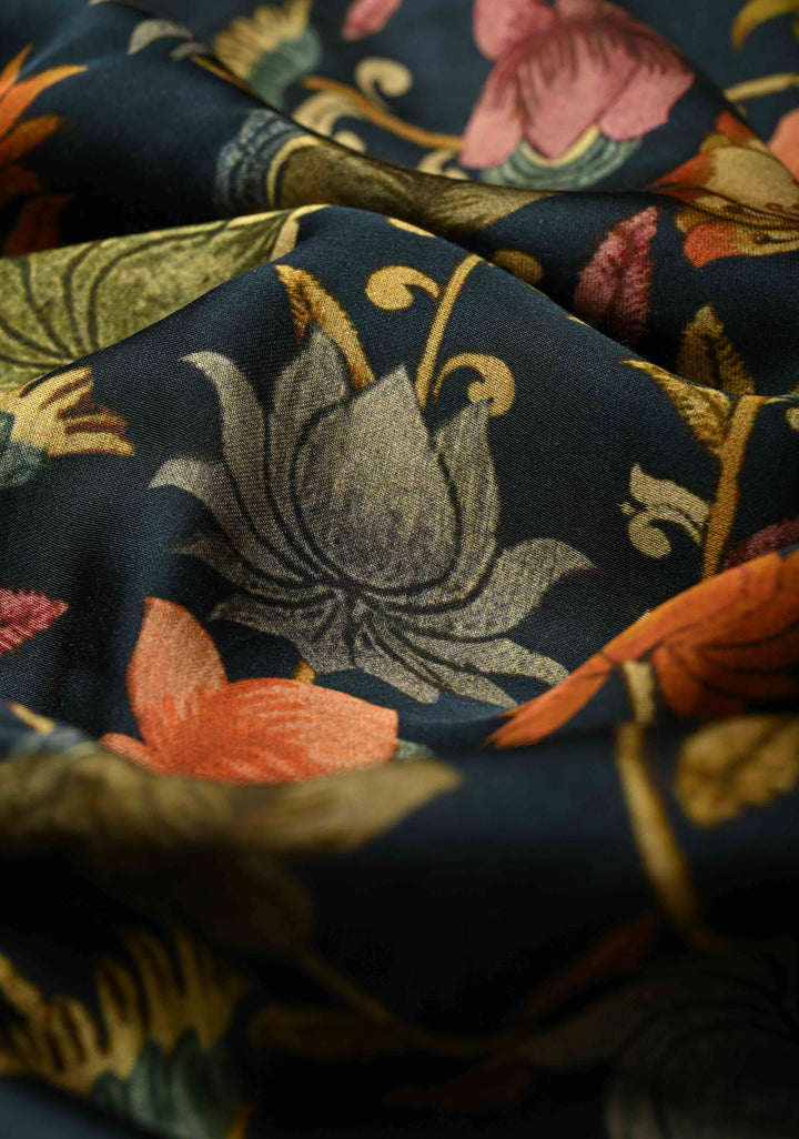 Deep prussian Blue color  Kalmakari Floral Digital Print Gajji Silk Saree with Bandhni Gharchola Pallu and Gotta Patti Border