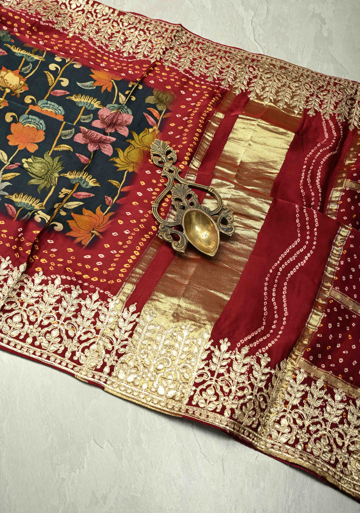 Deep prussian Blue color  Kalmakari Floral Digital Print Gajji Silk Saree with Bandhni Gharchola Pallu and Gotta Patti Border