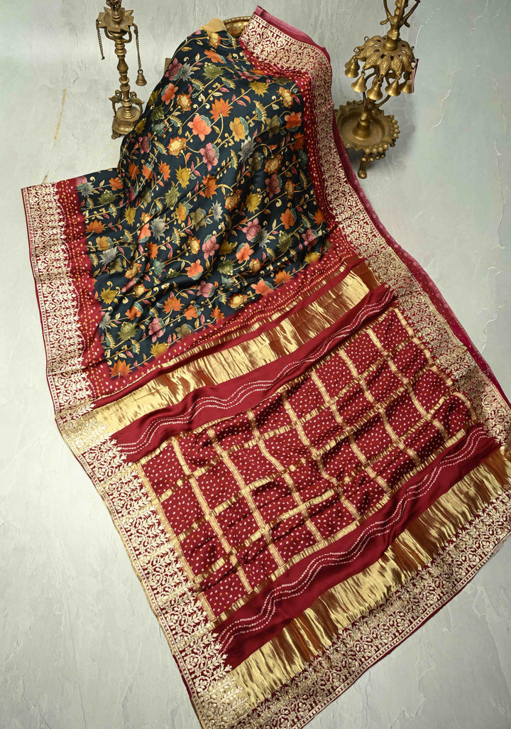 Deep prussian Blue color  Kalmakari Floral Digital Print Gajji Silk Saree with Bandhni Gharchola Pallu and Gotta Patti Border