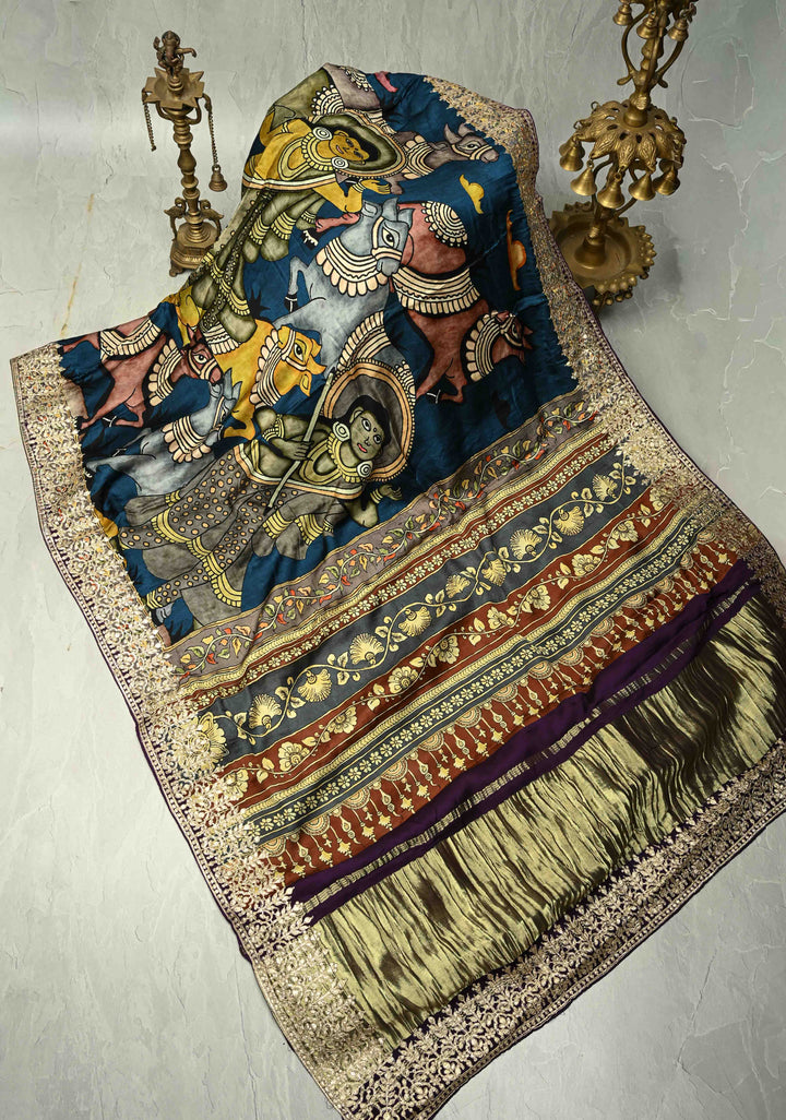 Peacock Blue Gajji Silk Saree with Krishna Pichwai theme Kalamkari Digital Print and Gotta Patti Border