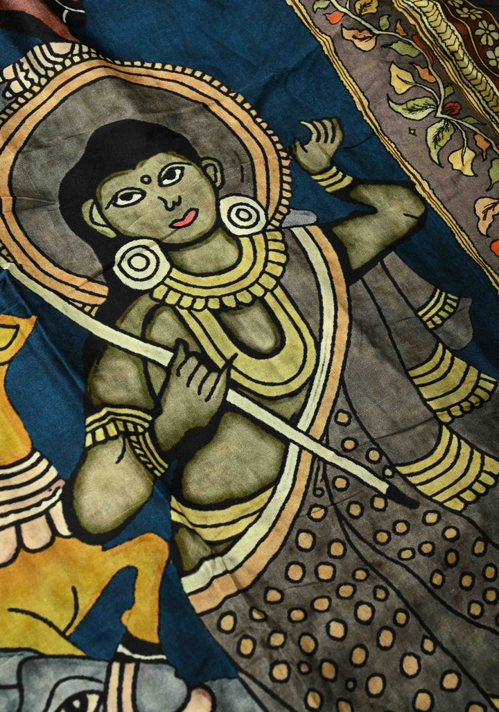 Peacock Blue Gajji Silk Saree with Krishna Pichwai theme Kalamkari Digital Print and Gotta Patti Border