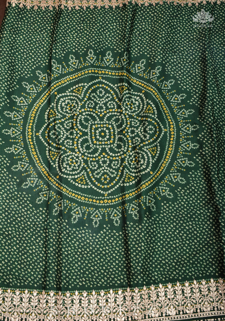 Vidya Balan Bottle Green Gajji Silk Saree with Bandhni Digital Print and Gotta patti borders