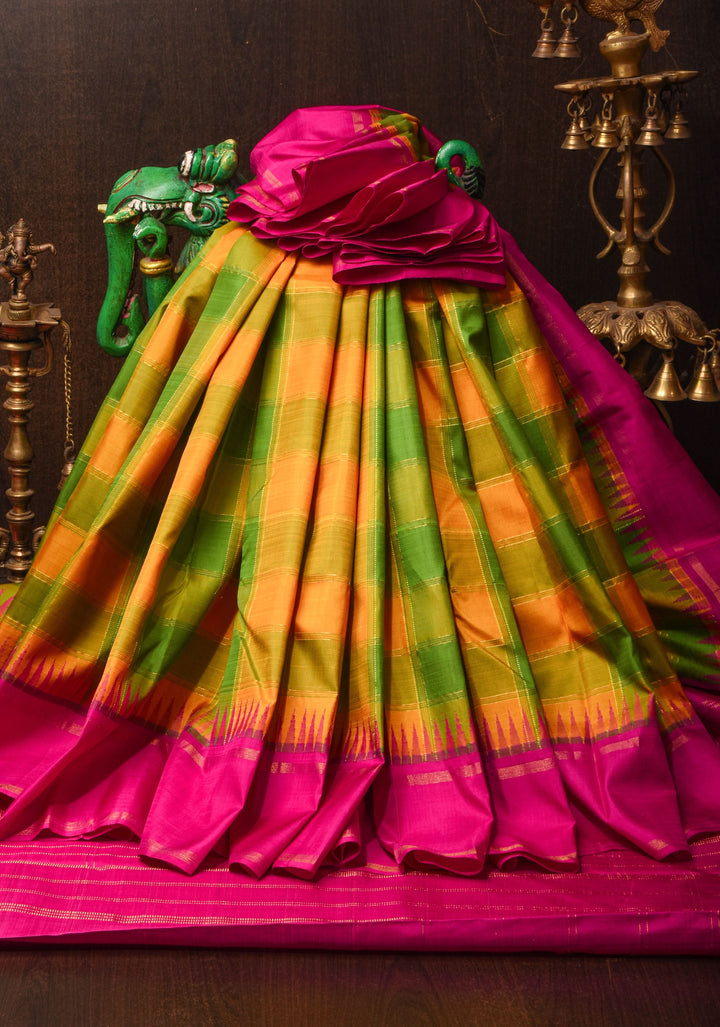 Green Mustard Pure Kanjivaram Soft Silk Saree with Checks and Contrast Pink Border | SILK MARK CERTIFIED