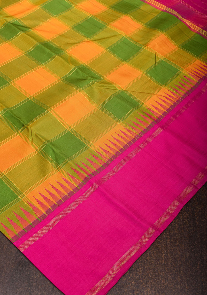 Green Mustard Pure Kanjivaram Soft Silk Saree with Checks and Contrast Pink Border | SILK MARK CERTIFIED