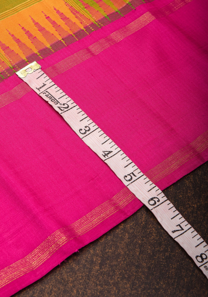 Green Mustard Pure Kanjivaram Soft Silk Saree with Checks and Contrast Pink Border | SILK MARK CERTIFIED