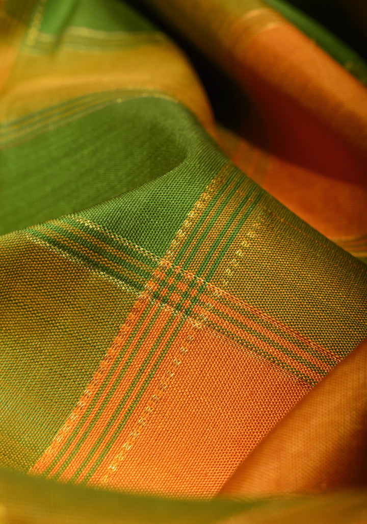 Green Mustard Pure Kanjivaram Soft Silk Saree with Checks and Contrast Pink Border | SILK MARK CERTIFIED