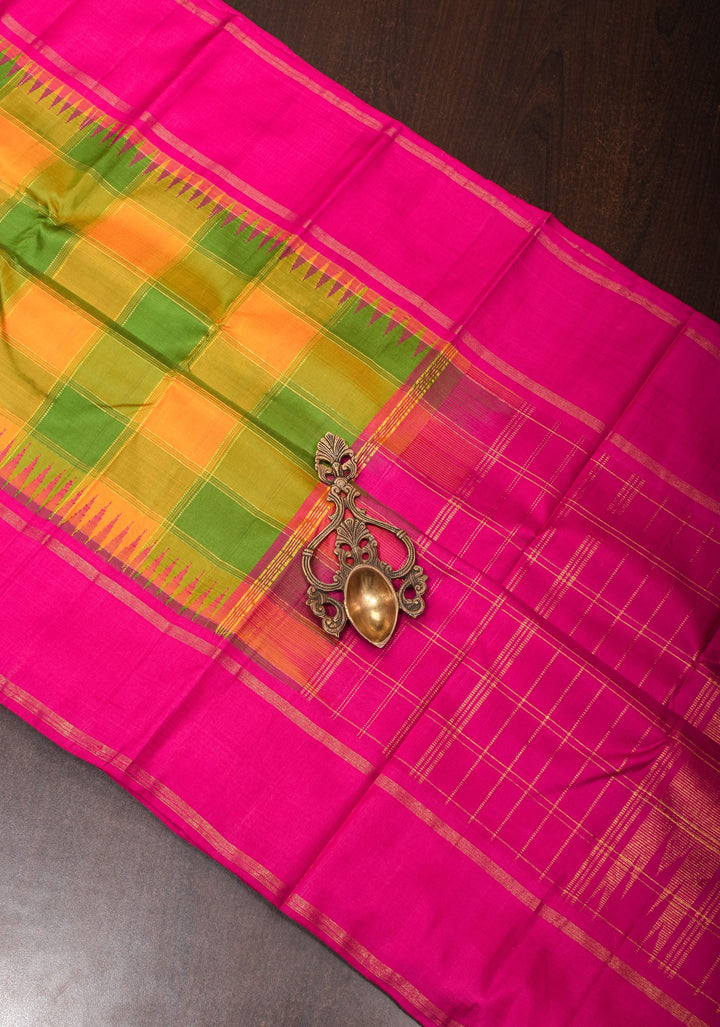 Green Mustard Pure Kanjivaram Soft Silk Saree with Checks and Contrast Pink Border | SILK MARK CERTIFIED