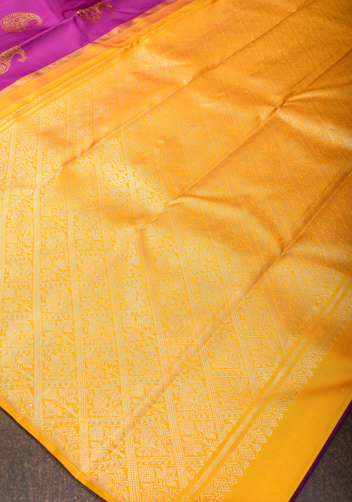 Borderless Magenta Kanjivaram Pure Silk Saree with Sona Rupa Stripes and Buttas and Contrast Yellow Pallu | SILK MARK CERTIFIED