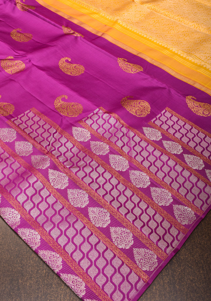 Borderless Magenta Kanjivaram Pure Silk Saree with Sona Rupa Stripes and Buttas and Contrast Yellow Pallu | SILK MARK CERTIFIED