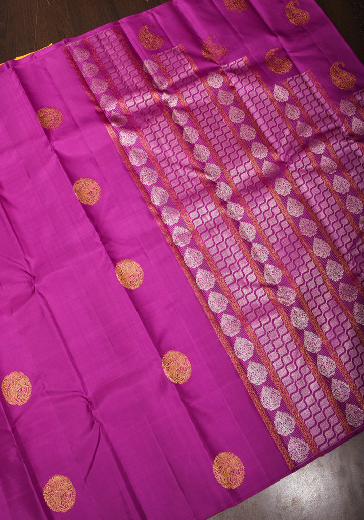 Borderless Magenta Kanjivaram Pure Silk Saree with Sona Rupa Stripes and Buttas and Contrast Yellow Pallu | SILK MARK CERTIFIED