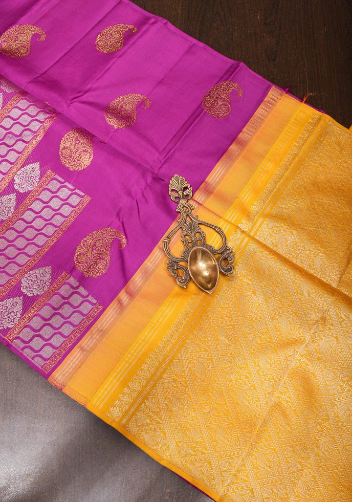 Borderless Magenta Kanjivaram Pure Silk Saree with Sona Rupa Stripes and Buttas and Contrast Yellow Pallu | SILK MARK CERTIFIED