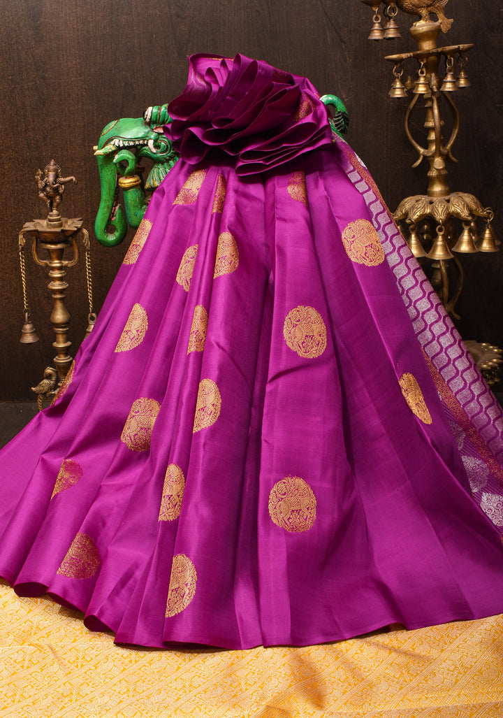 Borderless Magenta Kanjivaram Pure Silk Saree with Sona Rupa Stripes and Buttas and Contrast Yellow Pallu | SILK MARK CERTIFIED