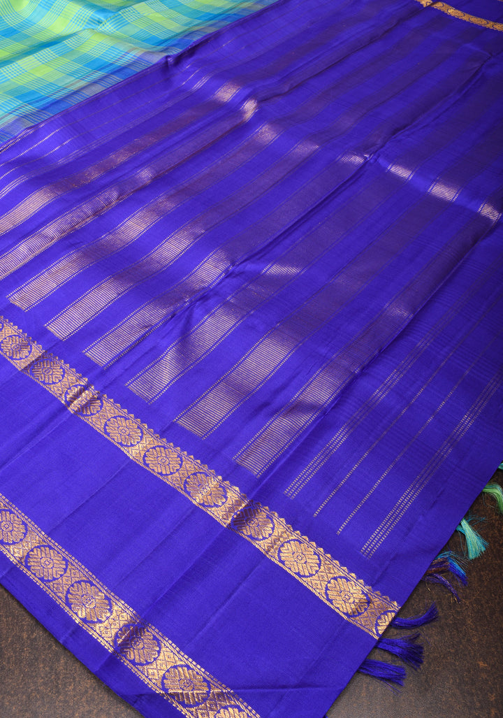 Korvai Weave Vista Blue Green Checks Pure Kanjivaram Silk Saree with Blue Rettaipet Zari Border | SILK MARK CERTIFIED