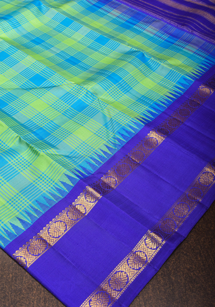 Korvai Weave Vista Blue Green Checks Pure Kanjivaram Silk Saree with Blue Rettaipet Zari Border | SILK MARK CERTIFIED
