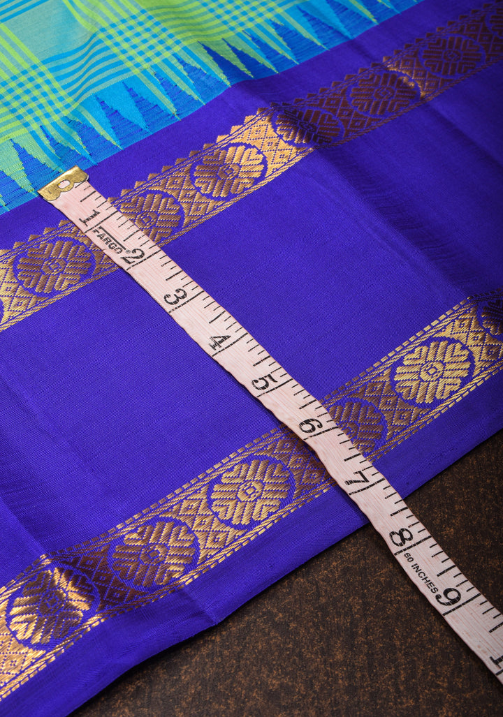 Korvai Weave Vista Blue Green Checks Pure Kanjivaram Silk Saree with Blue Rettaipet Zari Border | SILK MARK CERTIFIED