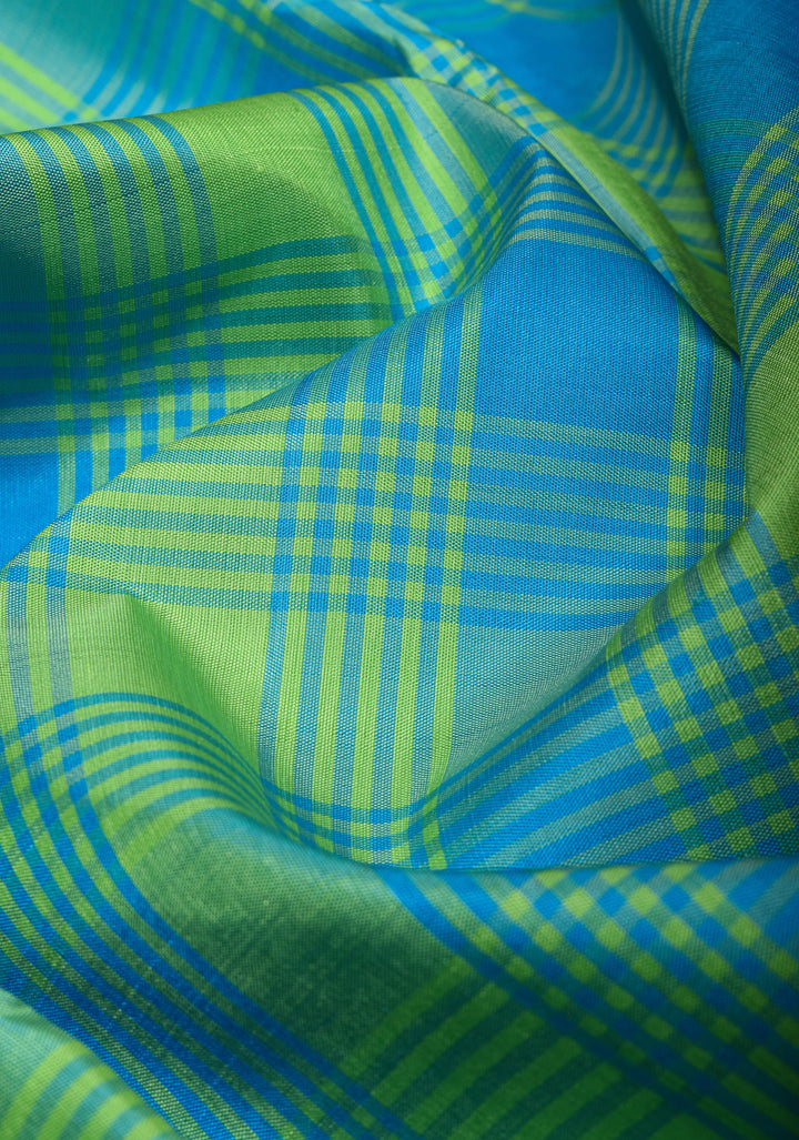 Korvai Weave Vista Blue Green Checks Pure Kanjivaram Silk Saree with Blue Rettaipet Zari Border | SILK MARK CERTIFIED