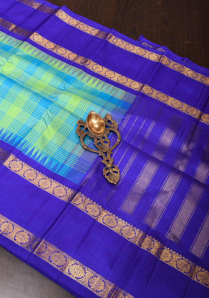 Korvai Weave Vista Blue Green Checks Pure Kanjivaram Silk Saree with Blue Rettaipet Zari Border | SILK MARK CERTIFIED