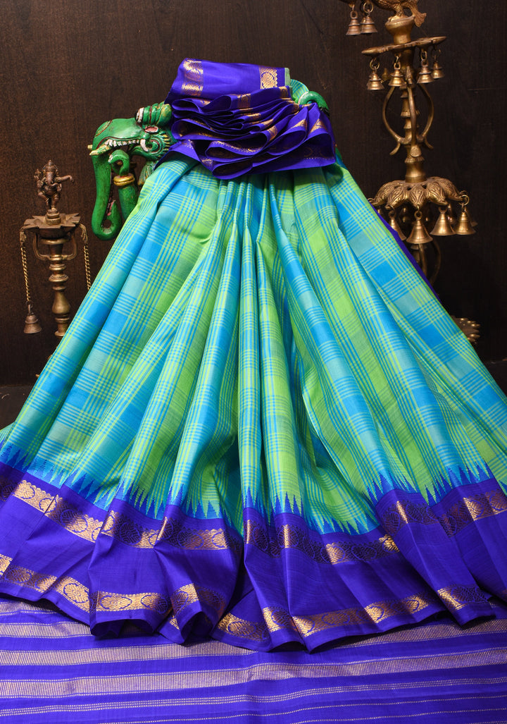 Korvai Weave Vista Blue Green Checks Pure Kanjivaram Silk Saree with Blue Rettaipet Zari Border | SILK MARK CERTIFIED