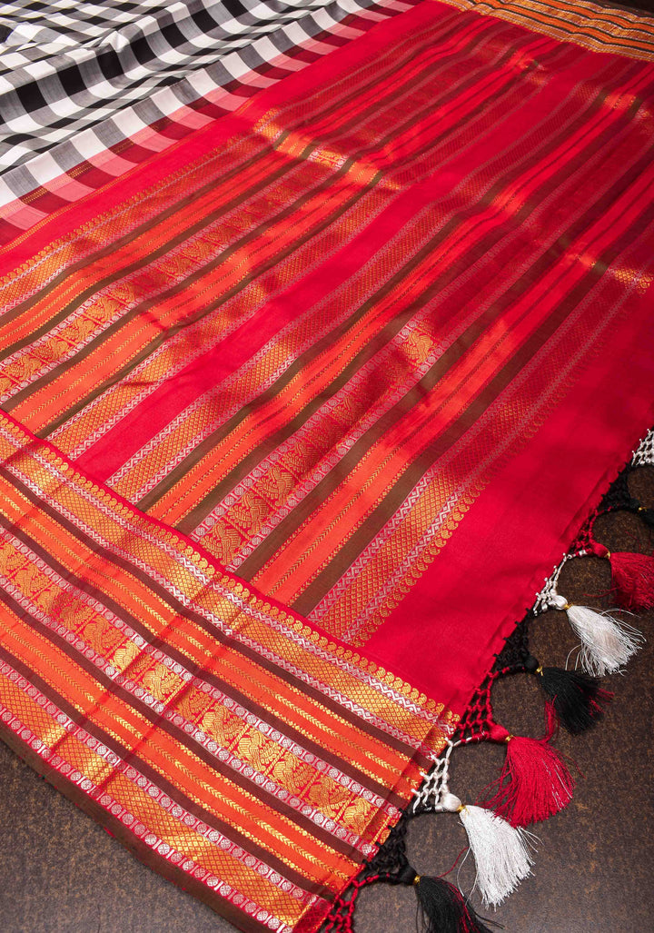 Stunning Korvai Weave Black And White Checks Pure Kanjivaram Silk Saree with Grand Pallu and Contrast Zari Border | SILK MARK CERTIFIED