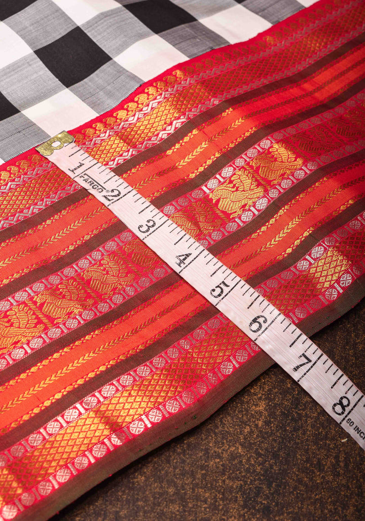 Stunning Korvai Weave Black And White Checks Pure Kanjivaram Silk Saree with Grand Pallu and Contrast Zari Border | SILK MARK CERTIFIED