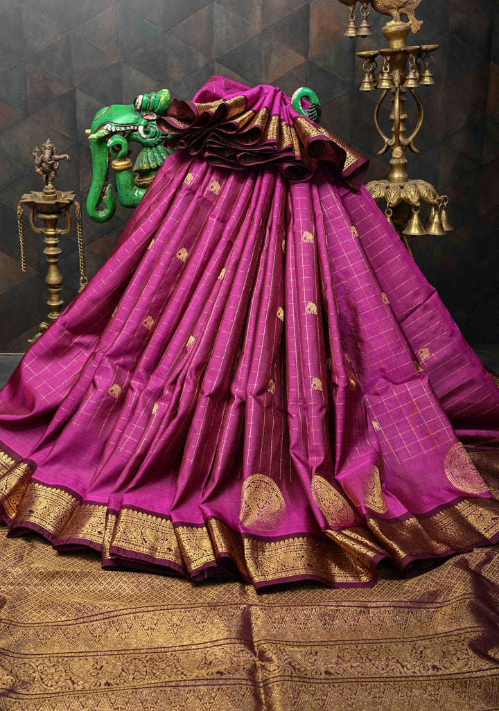 Magenta Zari Checks Kanjivaram Silk Saree with Buttas and Contrast Zari Border | SILK MARK CERTIFIED