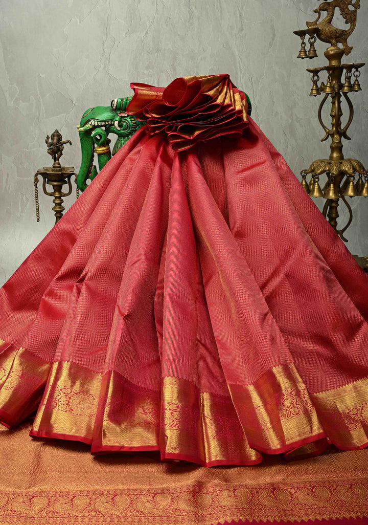 Pure Silk Zari Checks Kanjivaram Saree in Red with Zari Border| SILK MARK CERTIFIED