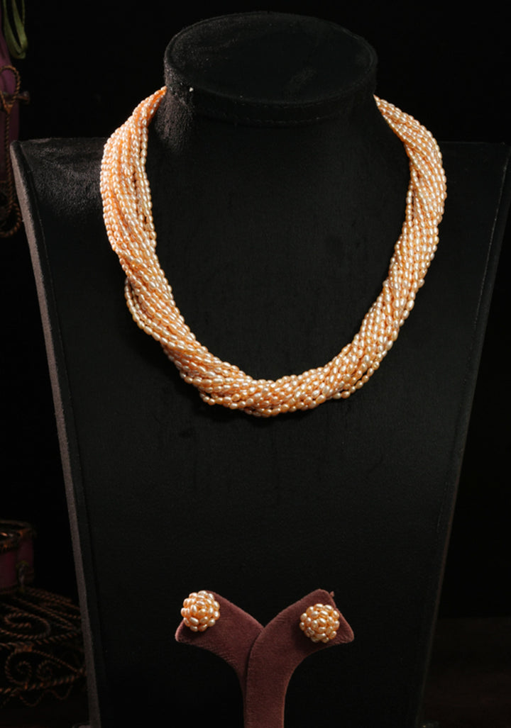 16 Strand Pink Rice Pearl Necklace and Earrings Set