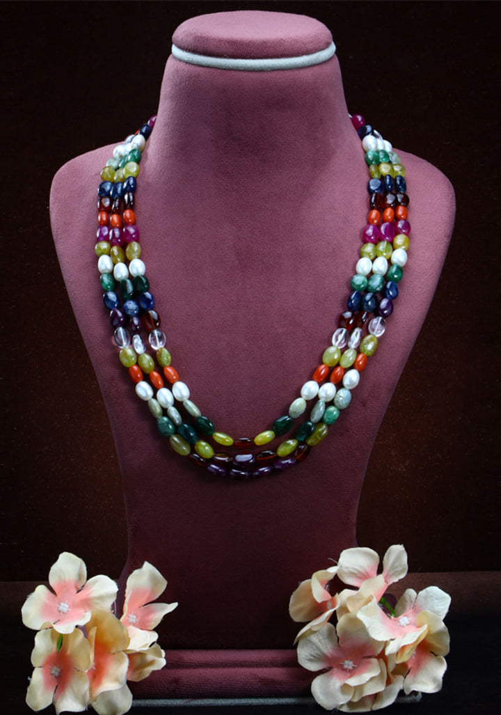 Navaratna 3 Strand Real gemstone necklace set
