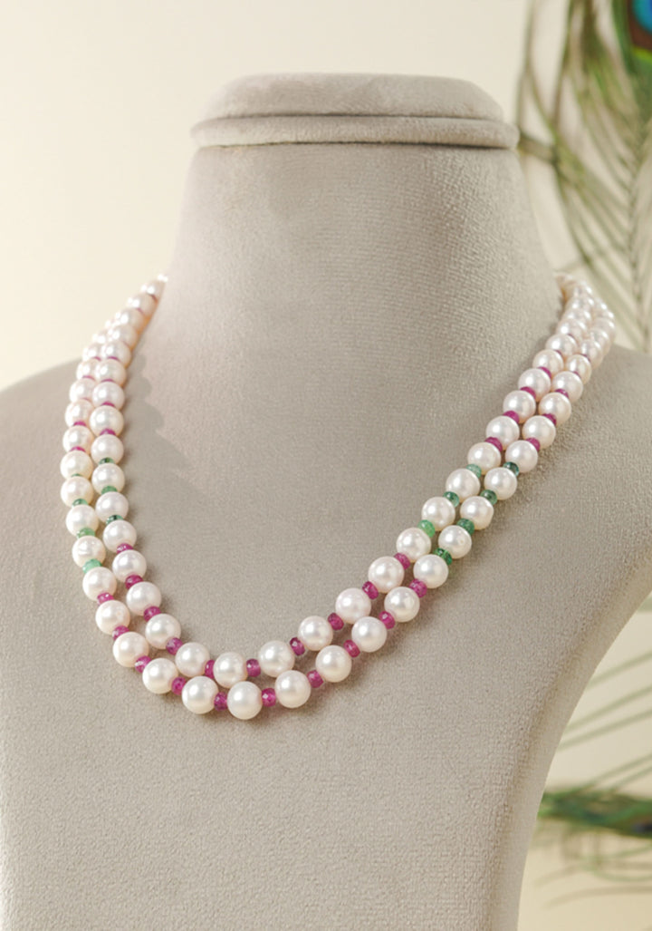 Two Strand Real Pearls Necklace and Earrings with Interlaced Dainty Real Rubies and Emeralds