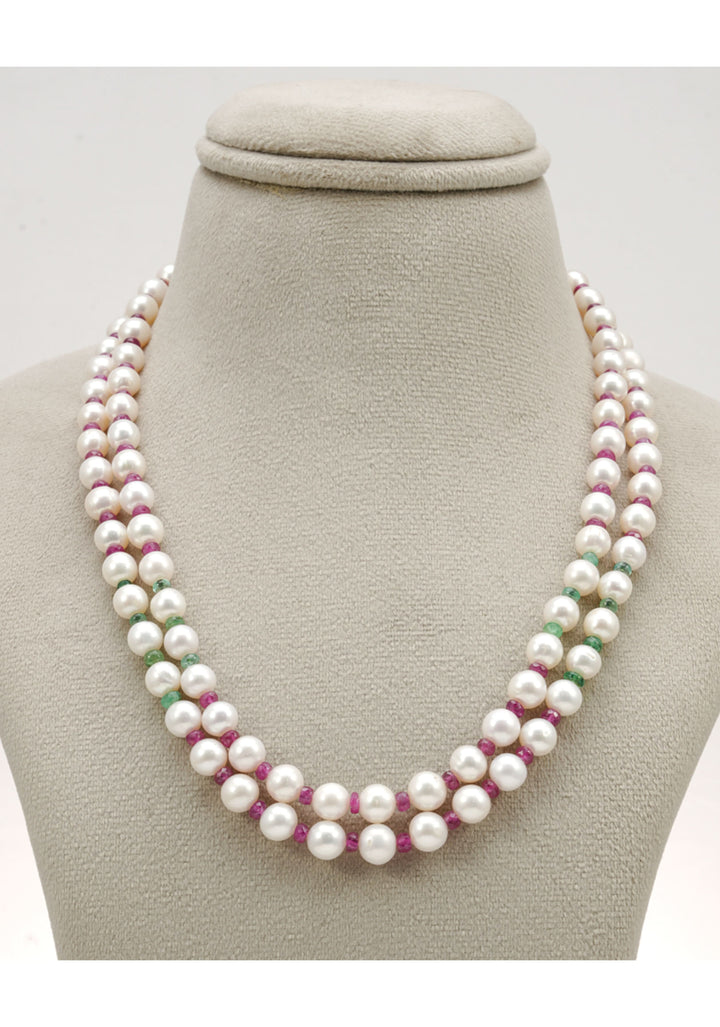 Two Strand Real Pearls Necklace and Earrings with Interlaced Dainty Real Rubies and Emeralds