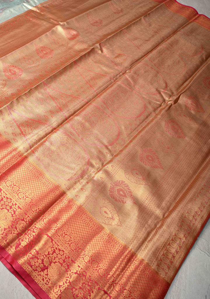 Pastel Green Kanjivaram Tissue Semi Silk Saree with Meenakari Brocade and Contrast Zari Border