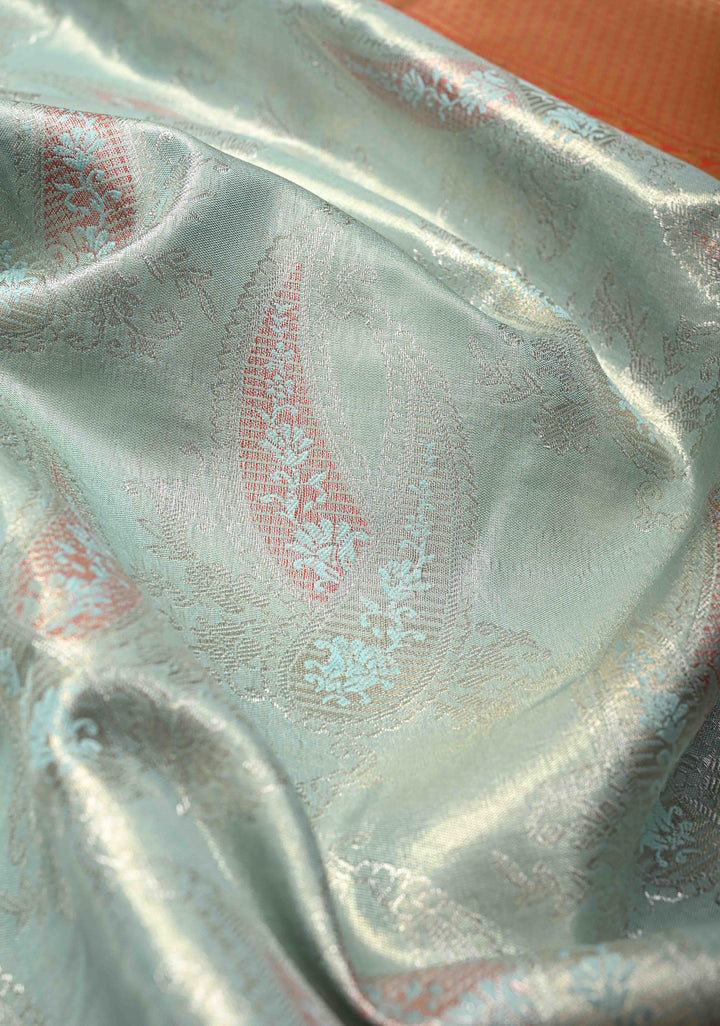 Pastel Green Kanjivaram Tissue Semi Silk Saree with Meenakari Brocade and Contrast Zari Border