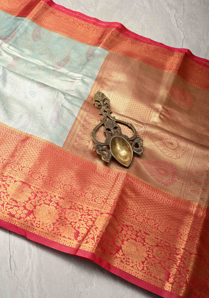 Pastel Green Kanjivaram Tissue Semi Silk Saree with Meenakari Brocade and Contrast Zari Border