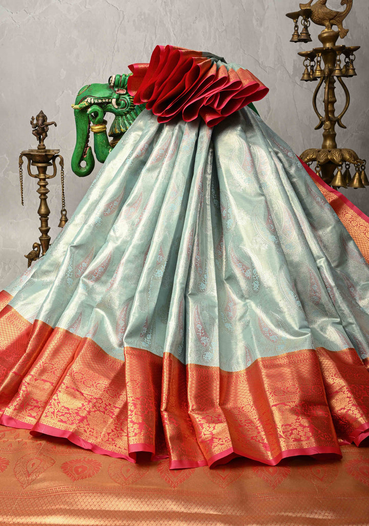 Pastel Green Kanjivaram Tissue Semi Silk Saree with Meenakari Brocade and Contrast Zari Border