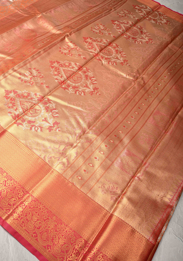 Orange Kanjivaram Tissue Semi Silk Saree with Meenakari Floral Brocade and Zari Border