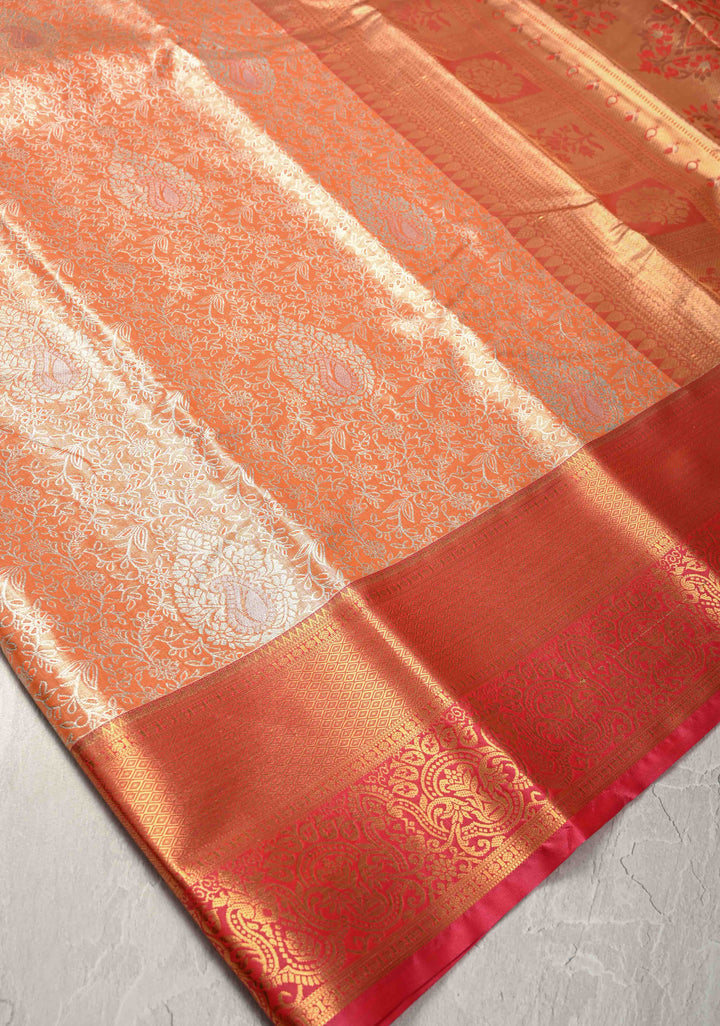 Orange Kanjivaram Tissue Semi Silk Saree with Meenakari Floral Brocade and Zari Border