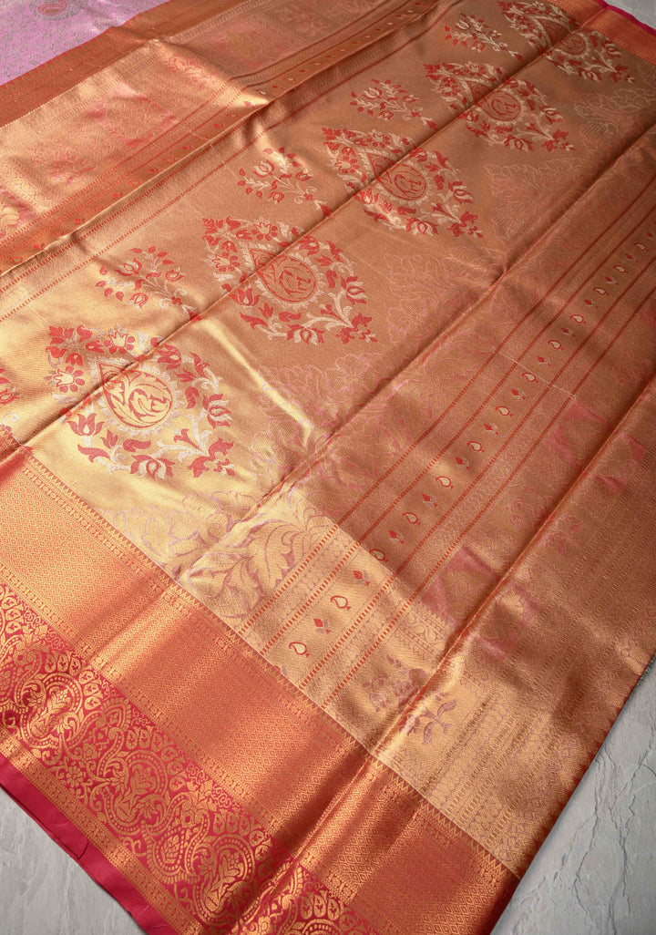 Pink Kanjivaram Tissue Semi Silk Saree with Meenakari Brocade and Contrast Zari Border