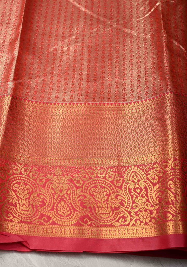 Pink Kanjivaram Tissue Semi Silk Saree with Meenakari Brocade and Contrast Zari Border