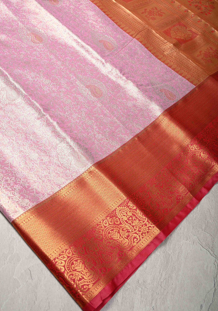 Pink Kanjivaram Tissue Semi Silk Saree with Meenakari Brocade and Contrast Zari Border