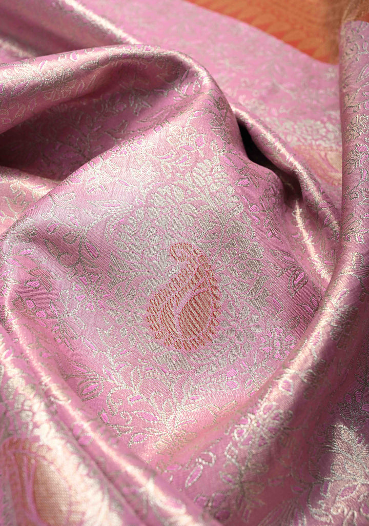 Pink Kanjivaram Tissue Semi Silk Saree with Meenakari Brocade and Contrast Zari Border