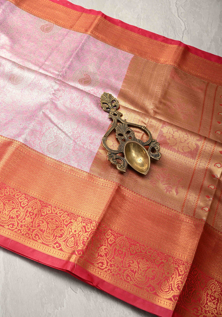 Pink Kanjivaram Tissue Semi Silk Saree with Meenakari Brocade and Contrast Zari Border