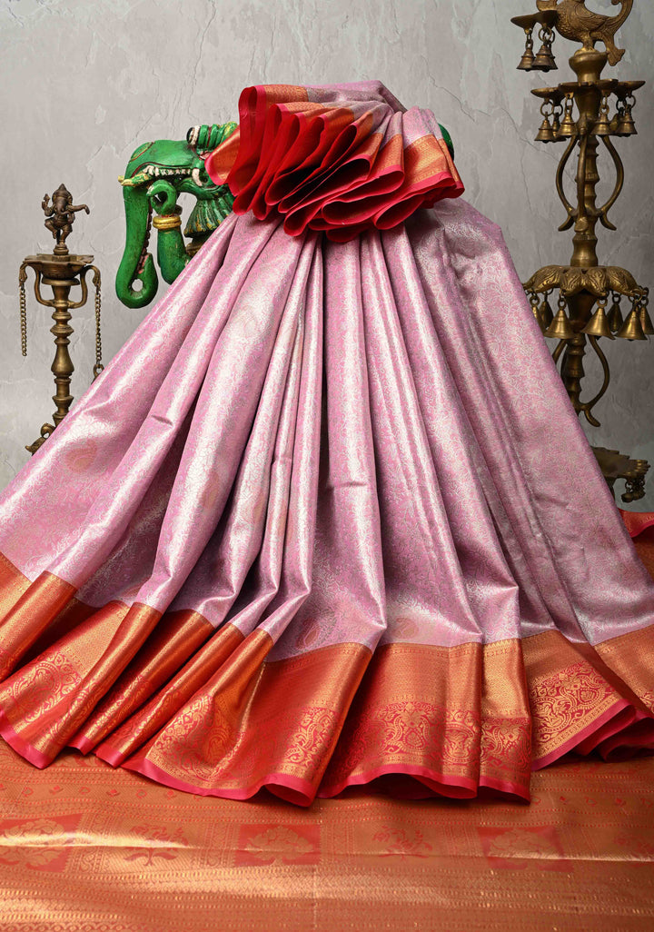Pink Kanjivaram Tissue Semi Silk Saree with Meenakari Brocade and Contrast Zari Border