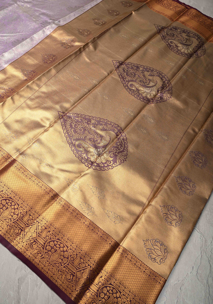 Dusty Amethyst Kanjivaram Tissue Semi Silk Saree with Brocade Jaal and Contrast Zari Border