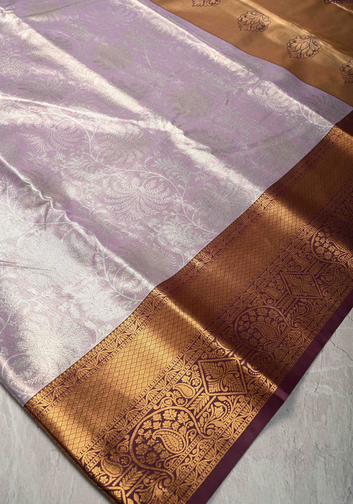 Dusty Amethyst Kanjivaram Tissue Semi Silk Saree with Brocade Jaal and Contrast Zari Border