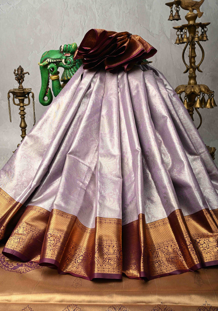 Dusty Amethyst Kanjivaram Tissue Semi Silk Saree with Brocade Jaal and Contrast Zari Border